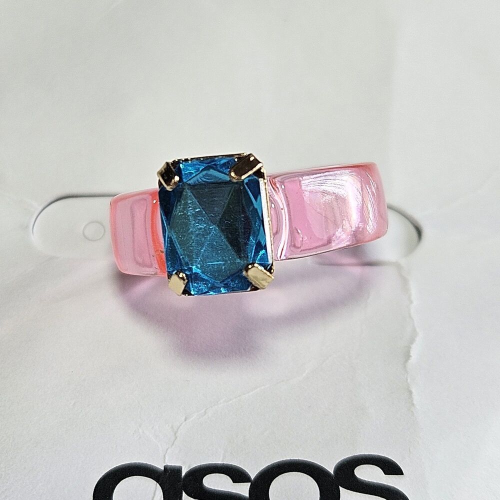Asos Pink Plastic With Blue Crystal Ring Size 6.5
